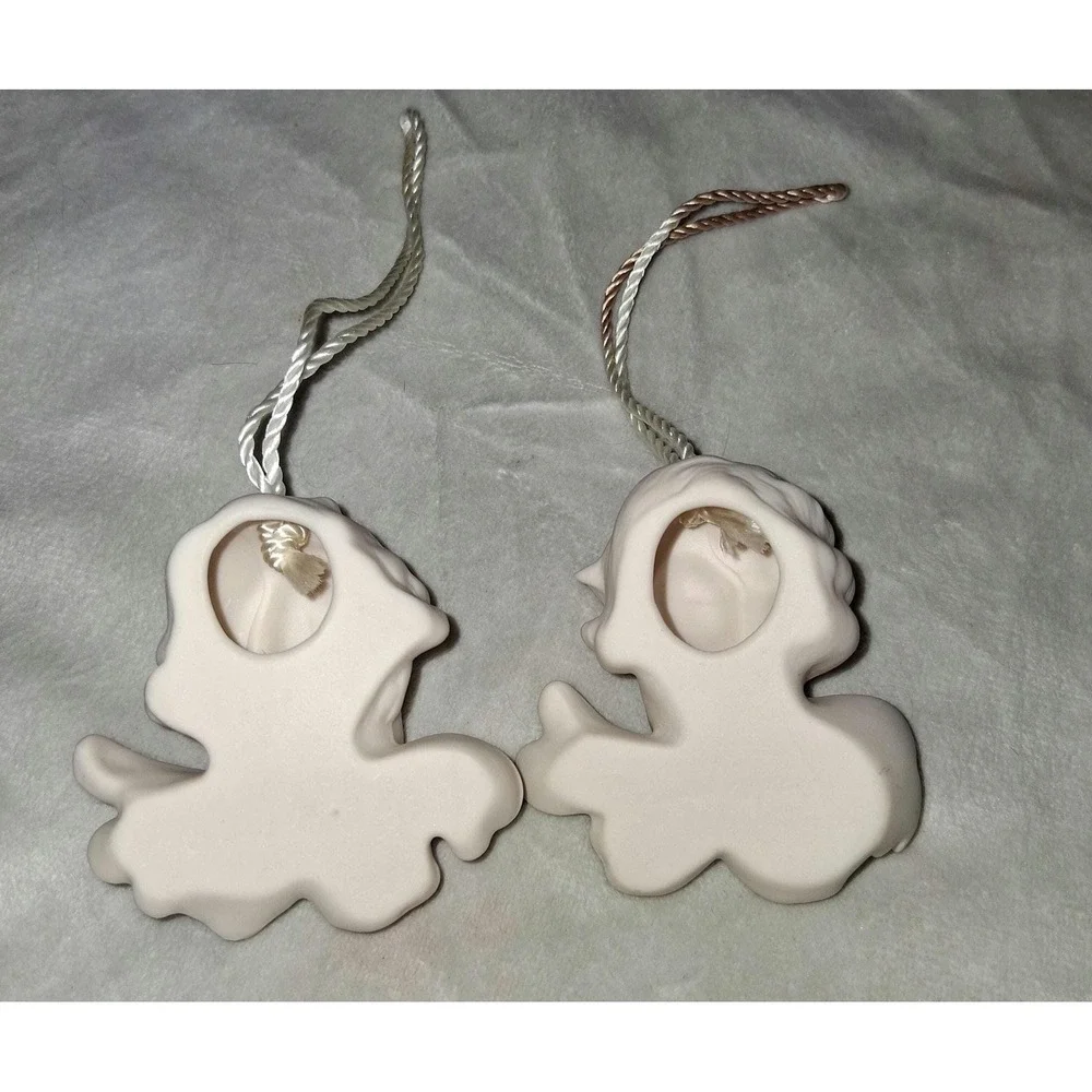 Pair of White Porcelain Angel Ornaments | Cherub Head Hanging Decor
